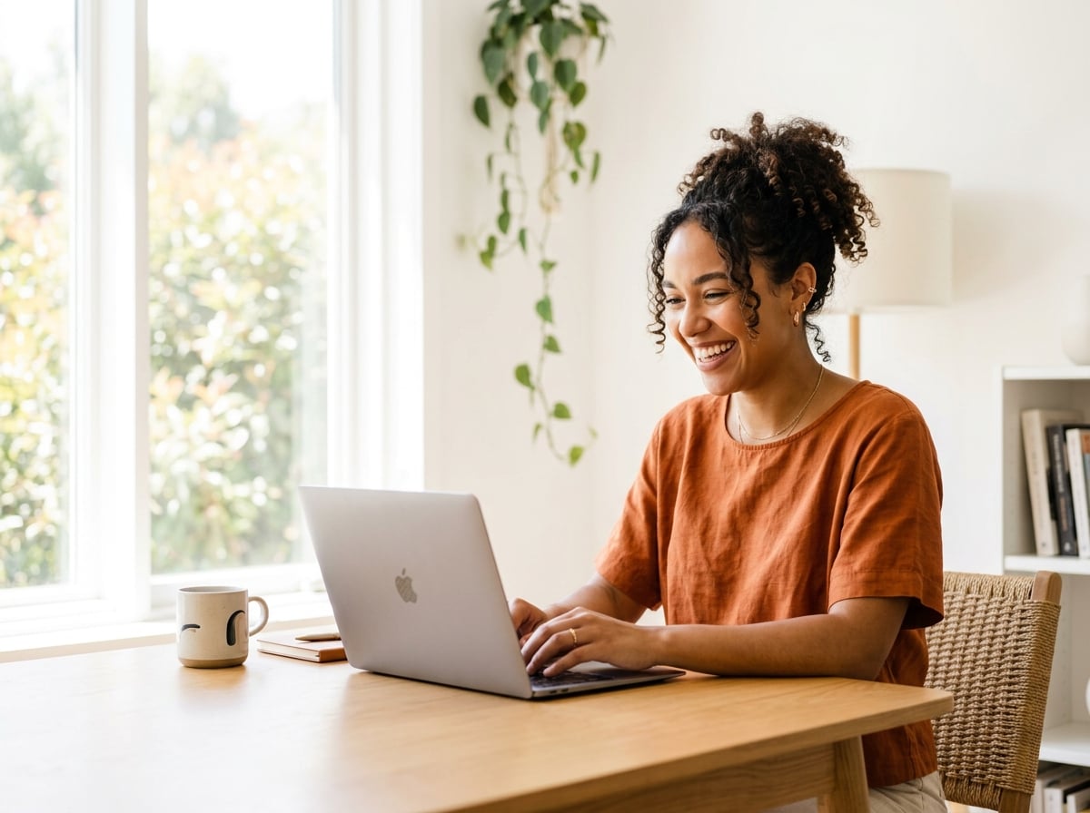 A professional working remotely on a laptop in a bright, modern space